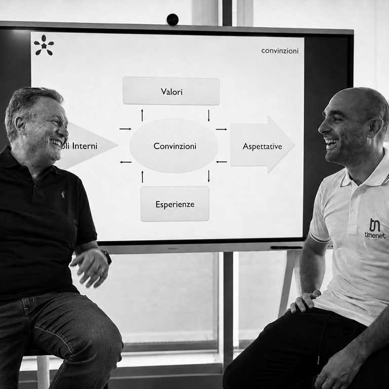 Edoardo Morelli e Lapo Baglini durante un business coaching, per mostrare l'atmosfera di relazione necessaria durante la formazione e le sessioni